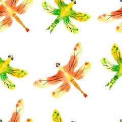 Watercolor hand painted nature insect seamless pattern with green yellow and orange yellow flying dragonfly isolated on the white background, summer fauna trendy pattern for design elements