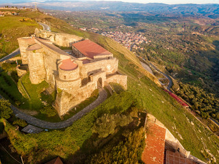 Aerial view of the Norman Swabian castle, Vibo Valentia, Calabria, Italy. Overview of the city seen from the sky, houses and rooftops