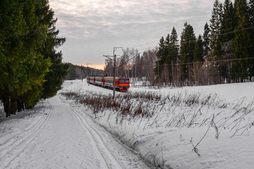 Passenger train rides through a snowy forest. Travel by train. Winter view and railway. Tourism concept.