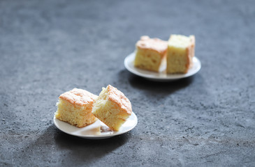 Dessert cake, semolina sponge cake, cut into small pieces