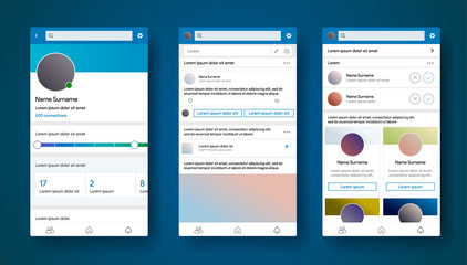 Mobile app interface inspired by linkedin style. Social media CV or portfolio of specialist. Career profile page. Connection of professionalists. Find a job or worker. Vector illustration.