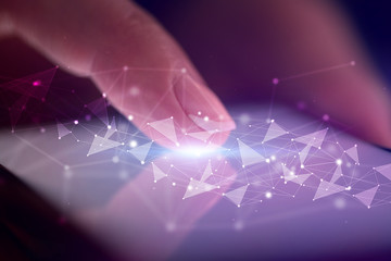Finger touching phone with human network concept and dark background