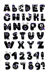 English alphabet with funny monsters. Educational illustration. Black and white color. All elements are isolated. Eps 10.