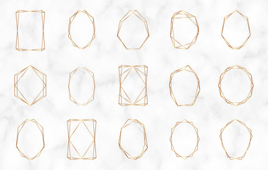 Gold geometric polygonal frames. Decorative lines borders. Luxury design elements for wedding invitation, blog posts, banner, celebration, card, save the date, poster, flyer	