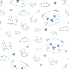 Bear illustration seamless pattern with pines, trees, clouds and hearts. Cute pastel backgrounds for invitation, card, textile, web.
