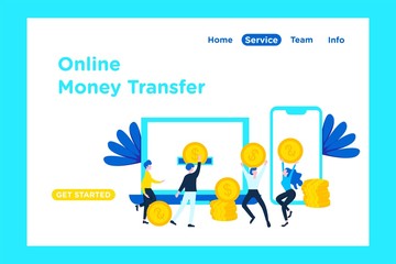 Tiny people with big wallet and stack of coin, online payment, online digital money transfer vector illustration, can use for landing page, web, mobile, app, banner, flyer, poster, homepage, template