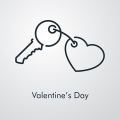 Día de san Valentín. Icono plano lineal llave con llavero en forma de corazón en fondo gris