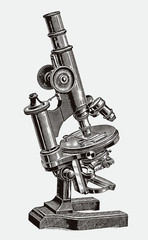 Large inclinable optical microscope with horseshoe foot. Illustration after a historical engraving from the 19th century