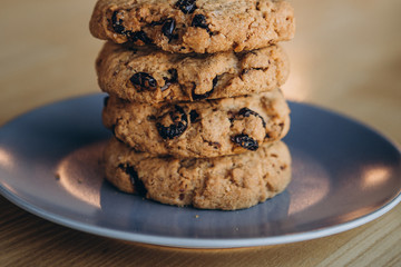Homemade oatmeal cookie; oatmeal biscuits. Natural healthy organic food concept. Selective focus, copy space..