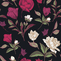 Vector floral seamless pattern with roses, tulips and chrysanthemum