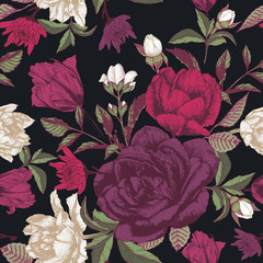 Vector floral seamless pattern with roses, tulips and chrysanthemum