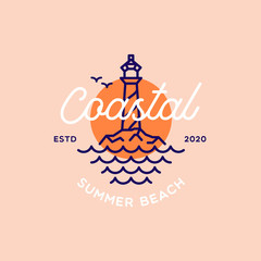 Vintage Lighthouse on Coastal Beach logo design template