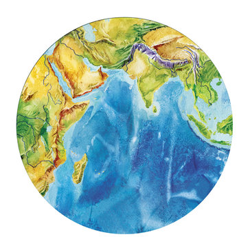 Geographical map of the world. Fragment of Africa, Asia, Europe, Arabian Peninsula, in the round shape. Realistic watercolor drawing.