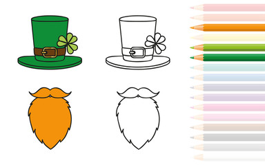 leprechaun red beard and hat with clover coloring book and pencils vector illustration EPS10