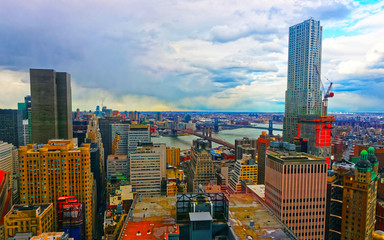 Naklejka premium Aerial panoramic view with Lower Manhattan, New York, USA, Brooklyn Bridge over East River. Skyline with skyscrapers. Brooklyn Heights. City. American architecture building. Panorama of Metropolis NYC