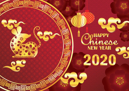 Chinese new year greetings, Year of Zodiac Rat symbol 2020. Golden Asian Elements on Red Background