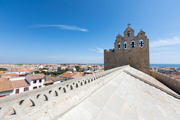 Panoramic view of the old town from the top of the Church of Saintes-Maries-de-la-Mer in Southern France.