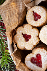 Detail of traditional Linzer Christmas cookies, top view