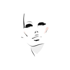 Face of young beautiful woman with makeup. Fashion illustration in sketch style. Vector