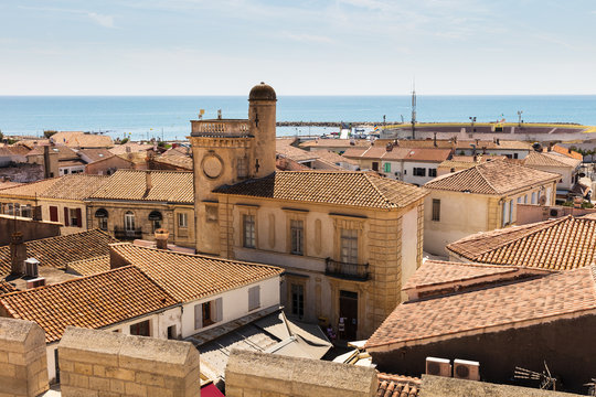 Panoramic view of the old town from the top of the Church of Saintes-Maries-de-la-Mer in Southern France.