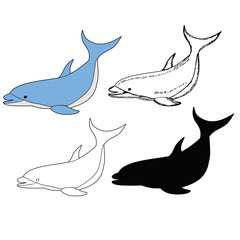 isolated, marine blue dolphin, set, silhouette and contour