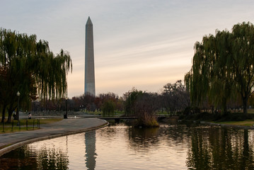 View of the Washington Monument at Sunset over Pond