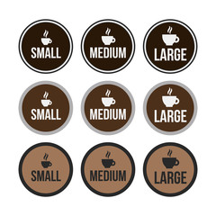 Set of labels, gradation of size cups of coffee. Small, medium, large. Three options and designs. Degree of sizes. Chosen sticker