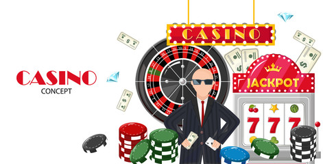Casino concept with a rich man with money winning jackpot and roulette game
