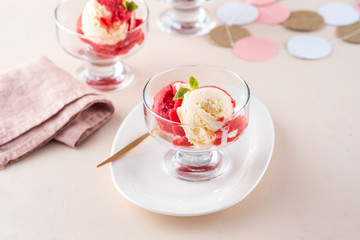 Ice cream for valentines day on a pink background. Background for valentines day.