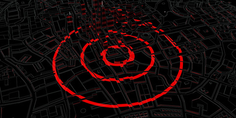 red rings of epicenter in the black city