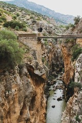 Caminito del Rey hiking trail through a deep narrow gorge. Malaga Spain
