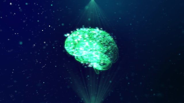 AI Artificial Intelligence. Neural network model. Hologram of the human brain rotates among particles of light in rays of azure. AI Artificial Intelligence. 3d render