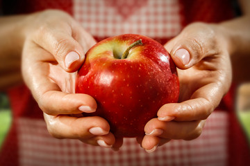 Apples and woman hands. Free space for your decoration. 