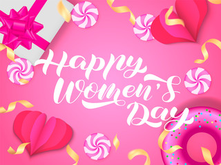 Happy Women's Day brush lettering. International Women's Day March 8. Vector stock illustration for card or poster