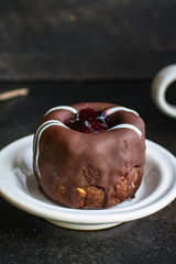 chocolate cake desert, festive table setting (coffee, gifts, sweets) menu concept. food background. top view. copy space