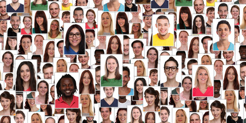 Group of multiracial young smiling happy people portrait diversity banner background collage