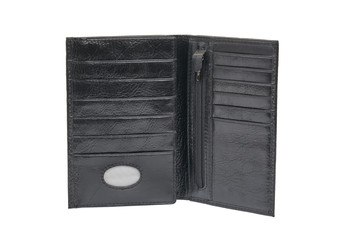 Men's black wallet isolated on white background.              