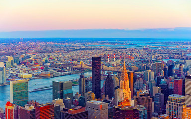 Panoramic view on Midtown district of Manhattan in New York, NYC. East river and Queensboro Bridge...