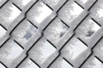 Hoar frost on a chain link fence