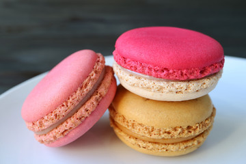 Beautiful pastel Colored Macaron Pastries isolated on white plate