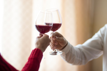 A cheerful young couple crossing their wineglasses at a restaurant. A man and his girlfriend drinking wine at a cafe. Red rose on a table. Valentine's day concept.