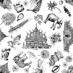 Seamless pattern of hand drawn sketch style Thailand related objects isolated on white background. Vector illustration.