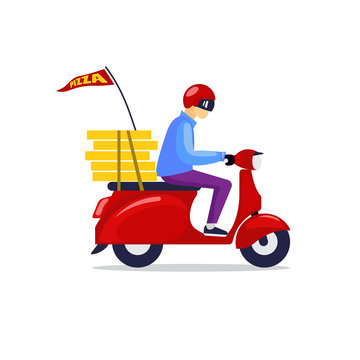 Pizza Guy riding scooter delivering order vector illustration
