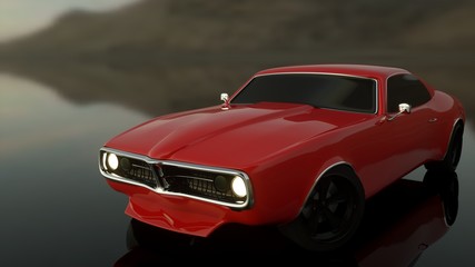 3d rendering ,red car on the mirror floor