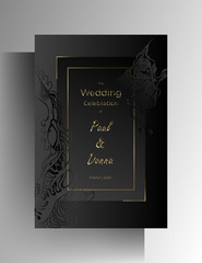 Wedding invitation card. Elegant design in with hand-drawn floral elements and golden frames. Vector illustration of a black and graphite color.