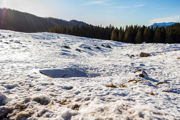 Snowy view of Calaita lake. January 2, 2019 Siror, Trentino Alto Adige, Italy