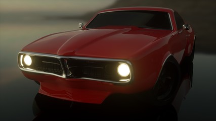 Fototapeta na wymiar 3d rendering ,red car on the mirror floor