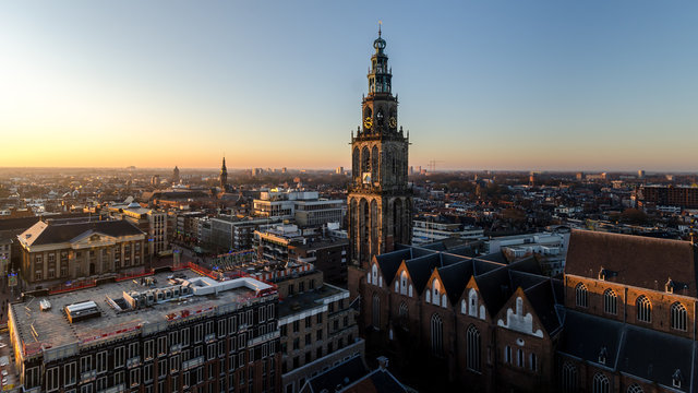 GRONINGEN - NETHERLANDS, December 30, 2019: Nice view over the city groningen. Martini toren en the Stadhuis