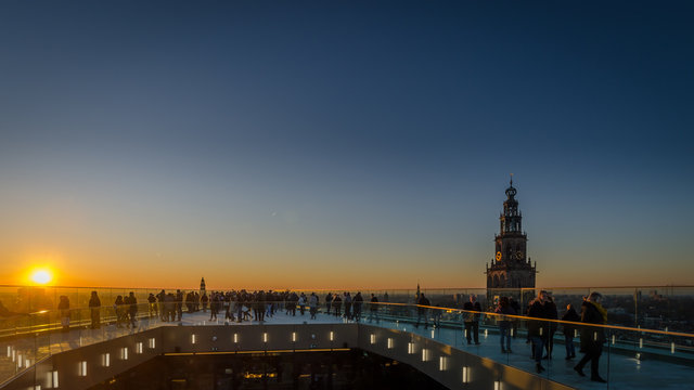 GRONINGEN - NETHERLANDS, December 30, 2019: The new Forum building, a landmark, in the city of Groningen. View from the roof during sunset