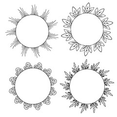 Four round frames of black and white decorative elements. Isolated wreaths on white background for your design